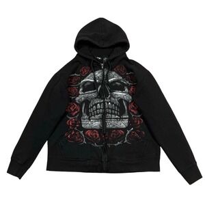 Liquid Blue Hoodie Sweatshirt Men's M Black Zip Jacket Skull Roses Skate Hip Hop